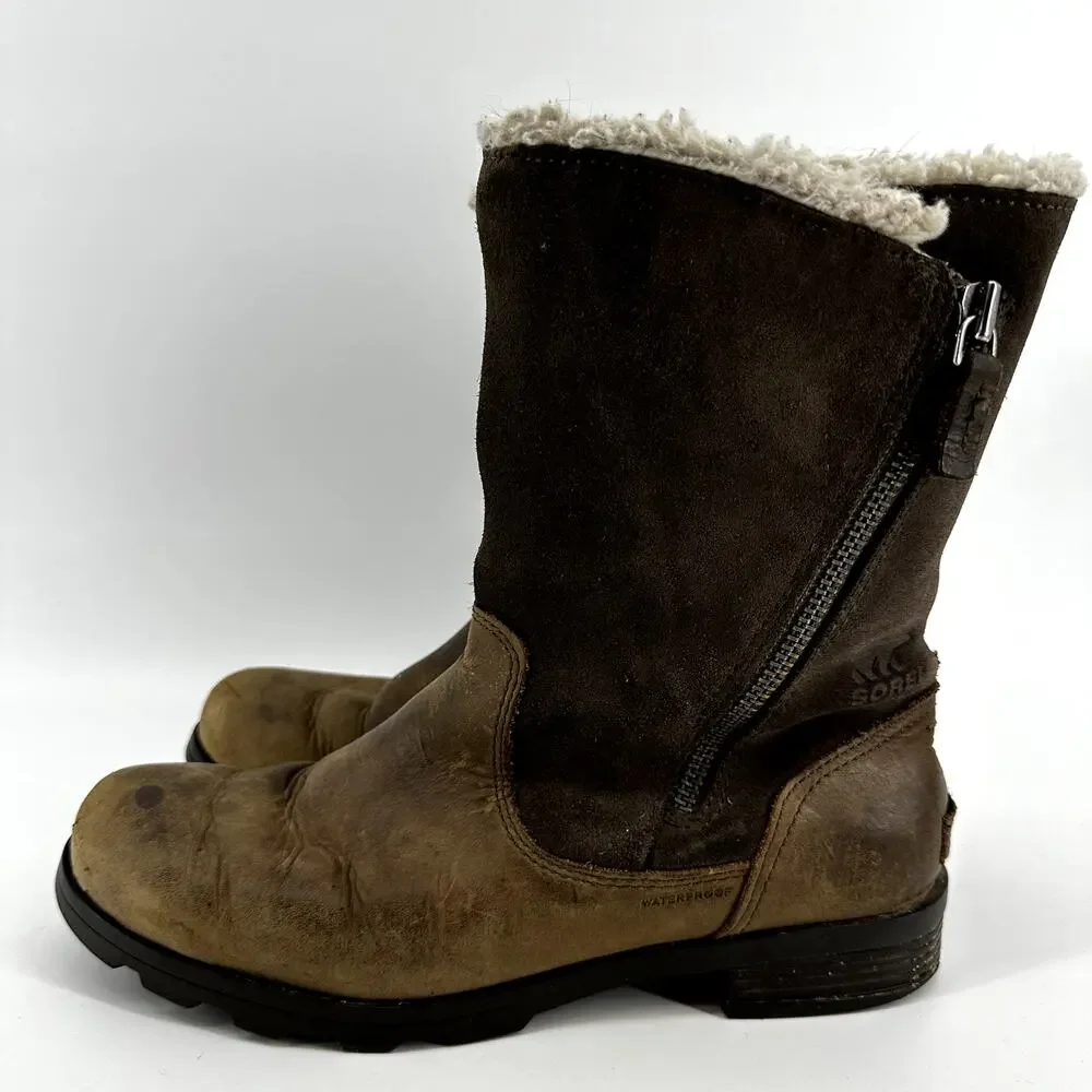 Sorel Emelie Boots Foldover Winter Leather Faux Fur Shearling Waterproof Brown 8